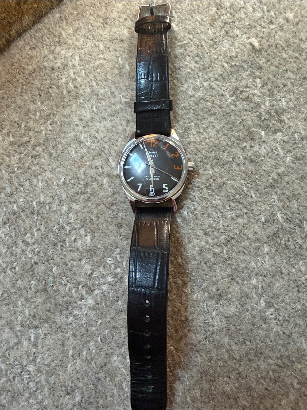 Hot Pilot Black Leather Strap Watch with orange Accents